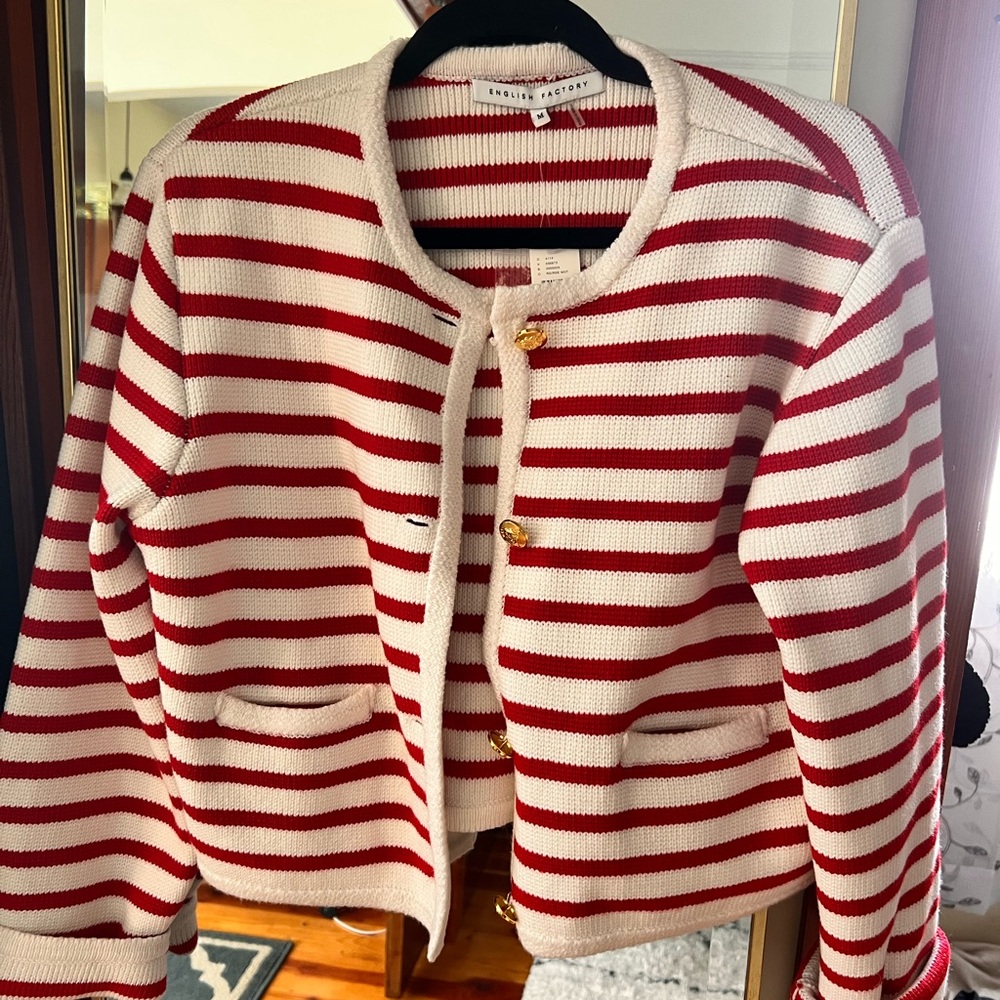 Anthropologie Red and Cream Striped lady jacket Cardigan